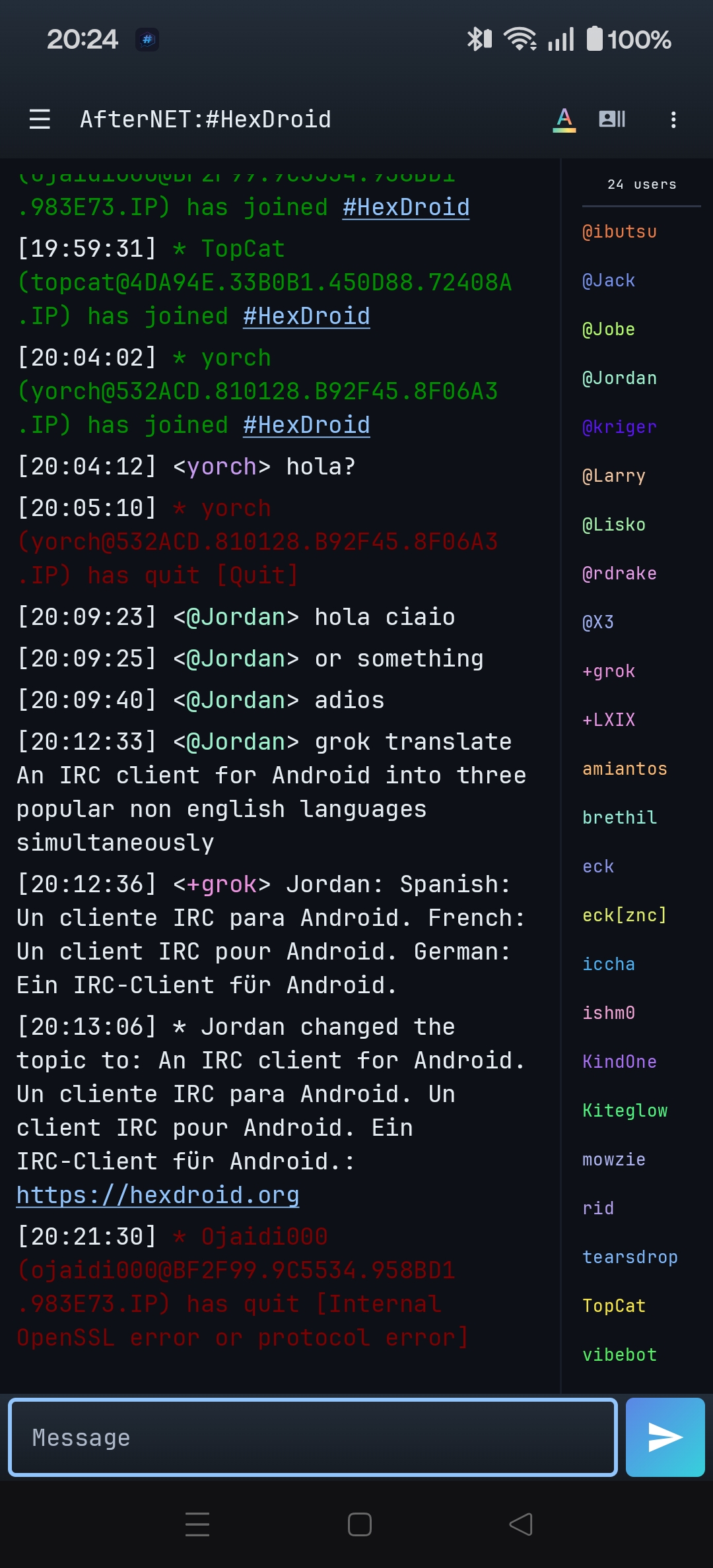 HexDroid running on Android, showing the #HexDroid channel on AfterNET with the member list open