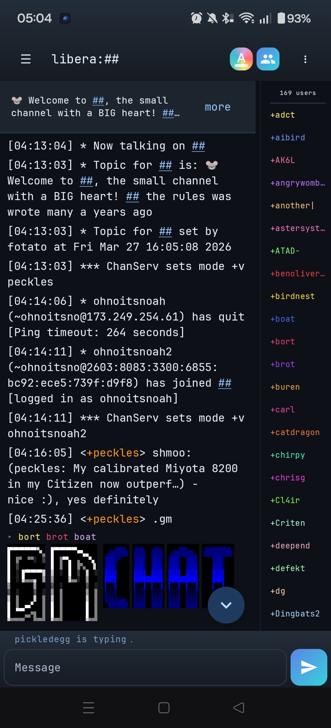 HexDroid showing the ## channel on Libera.Chat, with ASCII art rendered in the message view